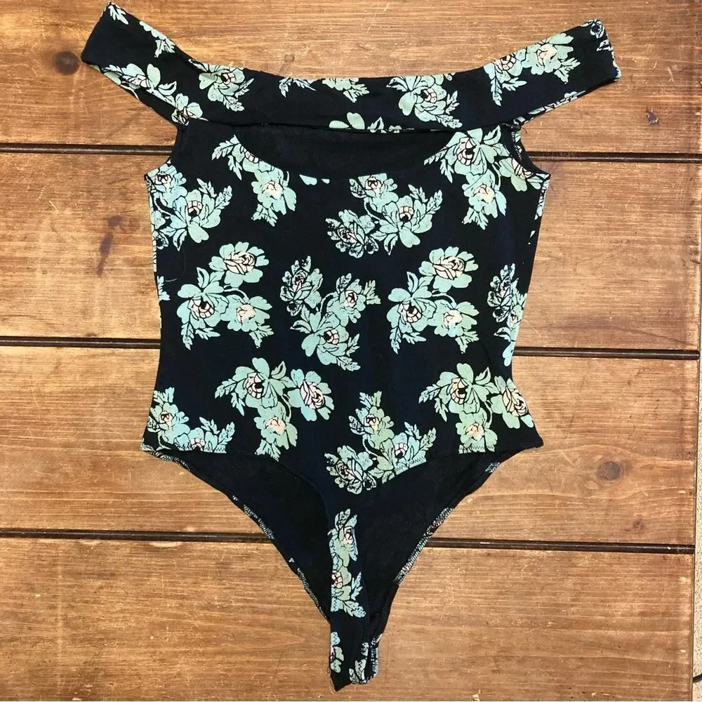 Free People Intimately So Much Black and Green Floral Bodysuit Medium Thong